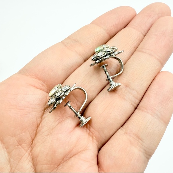 Vintage Silver Tone Sparkling Crystal Rhinestones Cluster Screw-Back Earrings - Picture 6 of 6
